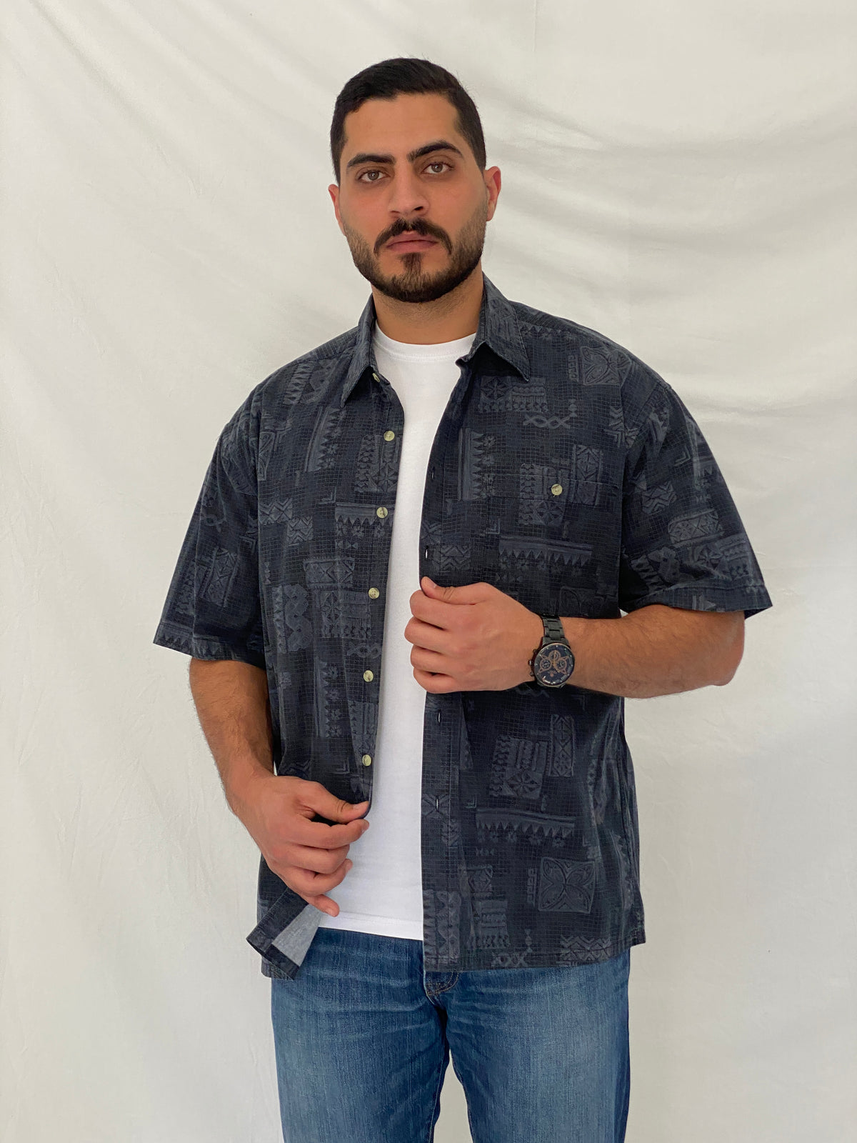 Vintage Batik Bay Navy Tribal Print Cotton Hawaiian Shirt – XL Vintage Batik Bay Navy Tribal Print Cotton Hawaiian Shirt – XL