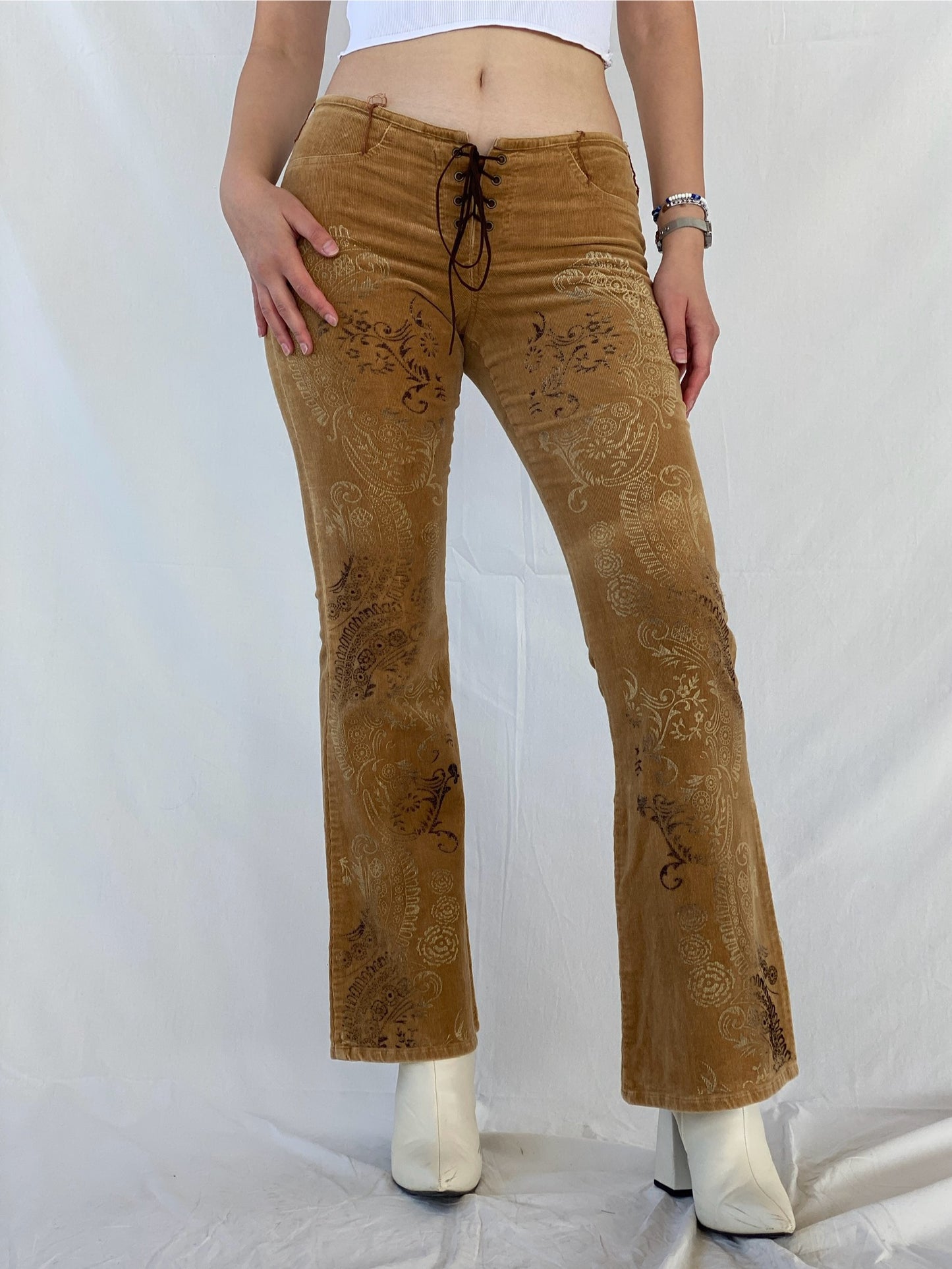 00s Toska Beige Graphic Western Style Low Rise Corduroy Pants - M