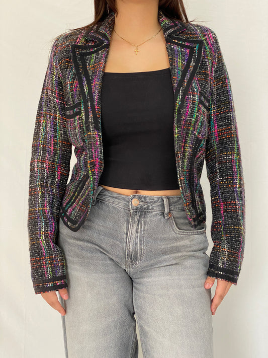 Vintage Knitted Multicolor Cropped Tweed Blazer With Black Trim - M