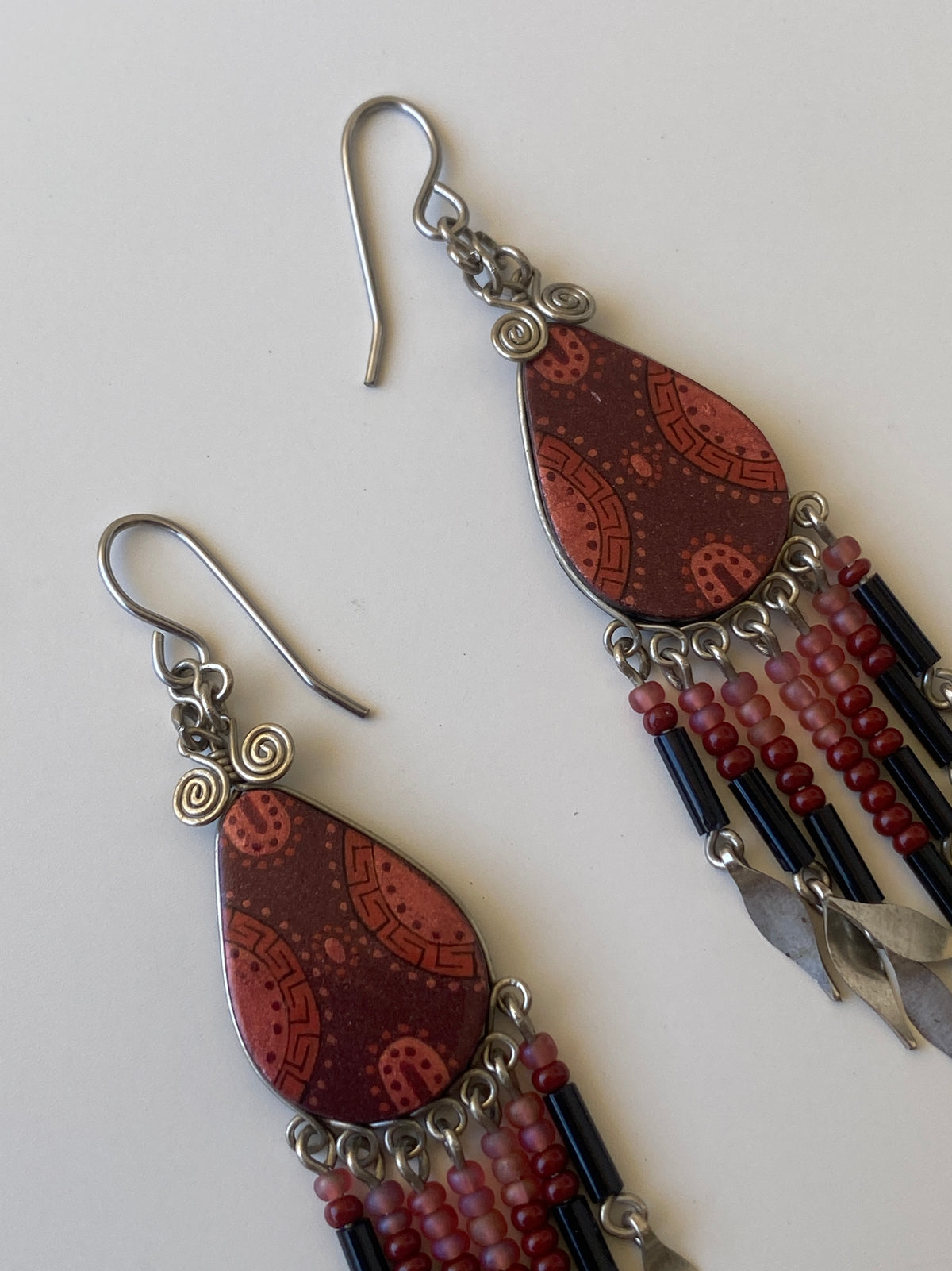 Vintage Boho Beaded Fringe Drop Earrings Tribal Inspired Red & Black Statement Earrings Vintage Boho Beaded Fringe Drop Earrings Tribal Inspired Red & Black Statement Earrings