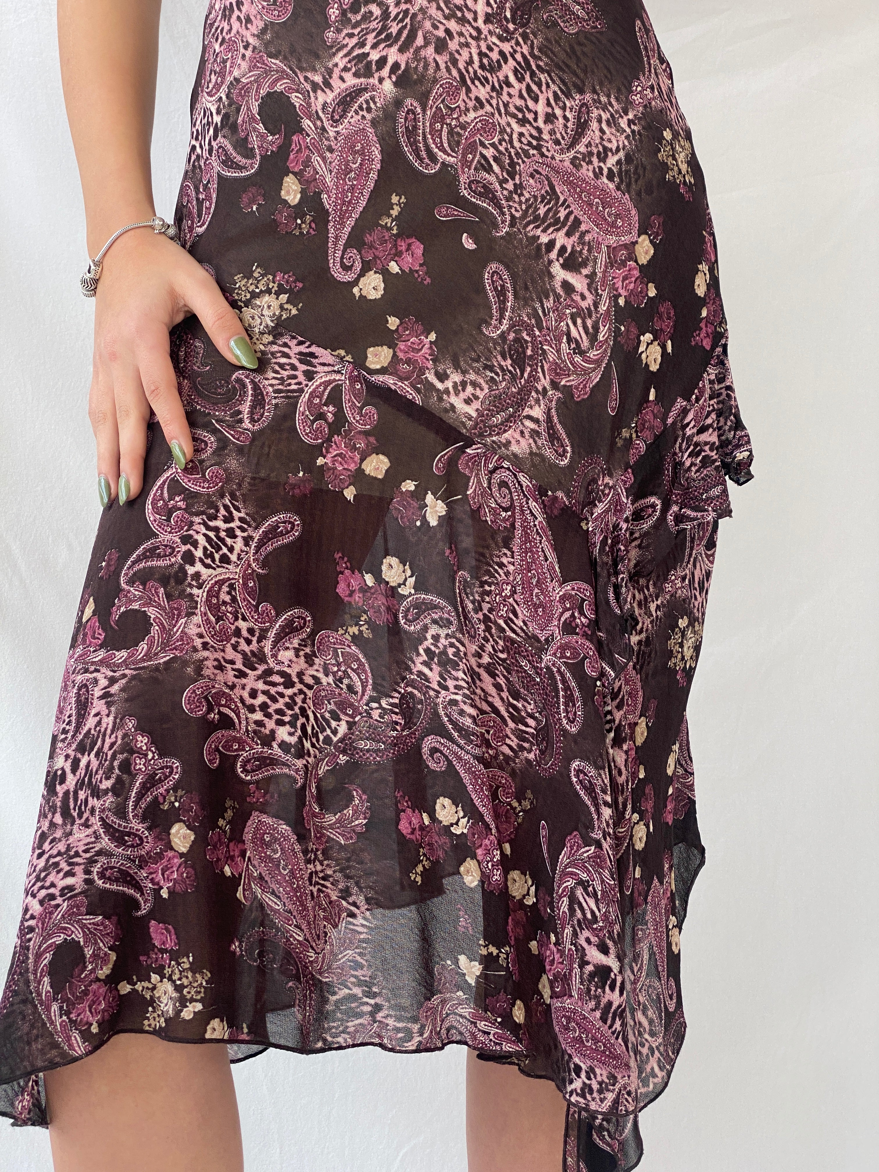 Y2K Orsay Fairy Paisley Print Midi Grunge Asymmetric Hem Dress - S