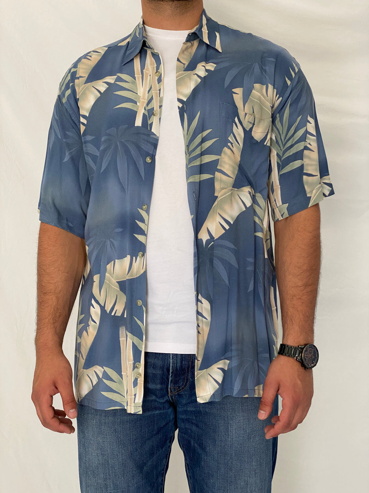 Vintage 90s Pierre Cardin Blue Tropical Rayon Hawaiian Shirt – L Vintage 90s Pierre Cardin Blue Tropical Rayon Hawaiian Shirt – L