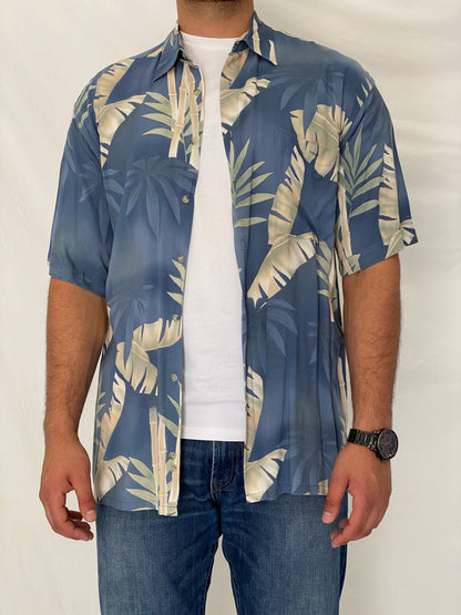 Vintage 90s Pierre Cardin Blue Tropical Rayon Hawaiian Shirt – L