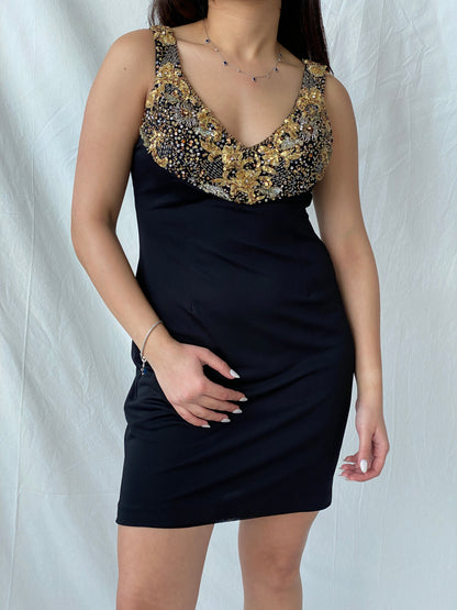 BASIX Black Midi Sleeveless Bodycon Dress with Gold Sequin & Beading Details - M