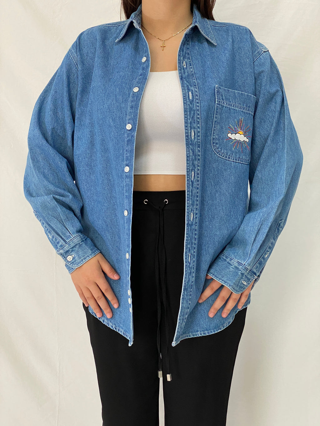 Vintage Disney Store Oversized Denim Shirt Embroidered Sun Cloud Patch Button Up Shirt - S