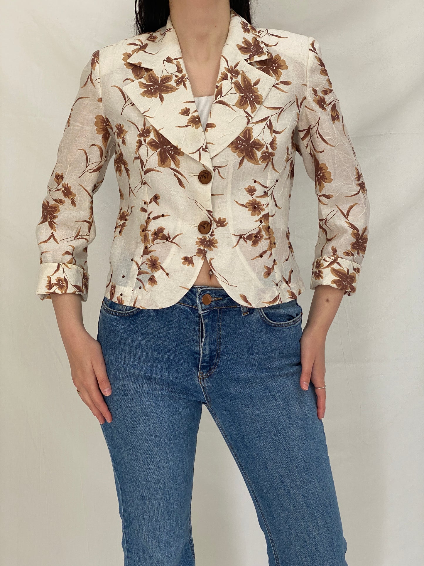 Vintage 90s Sinyor Cream Brown Floral Cropped Blazer - M