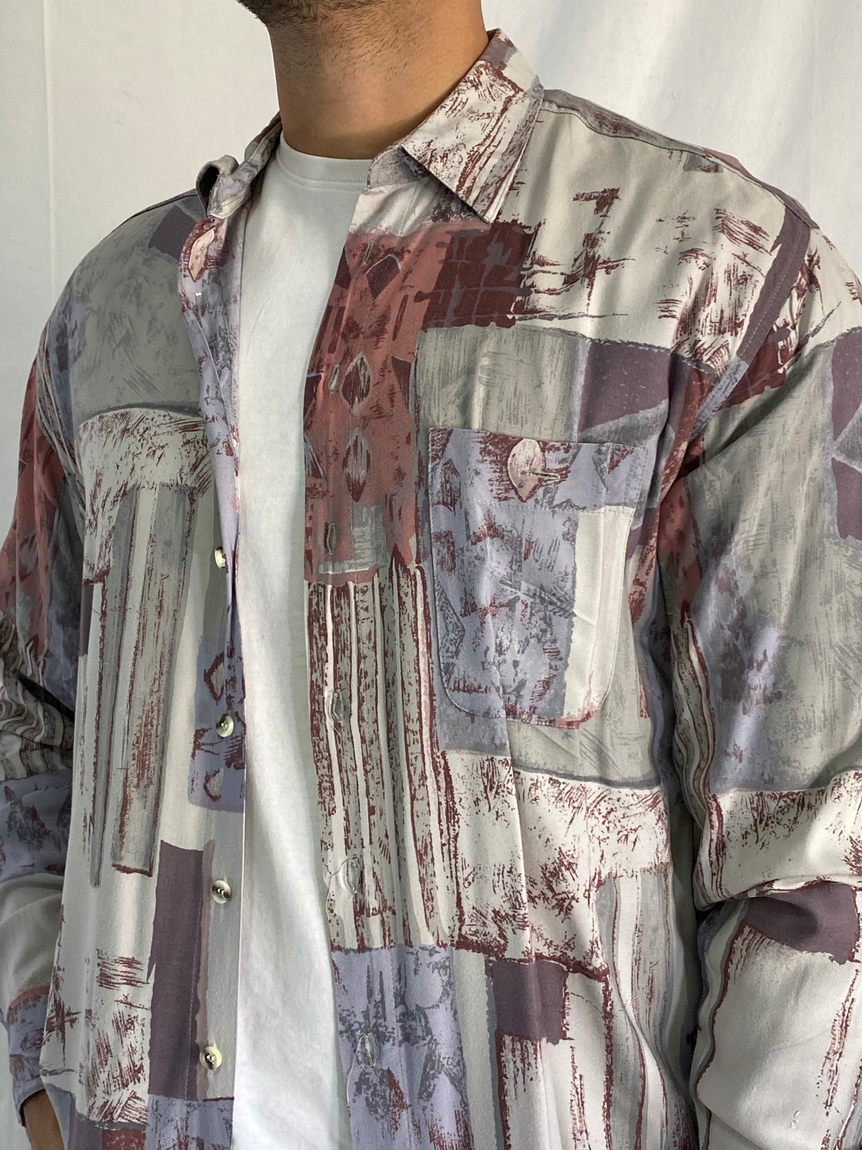 Vintage Happy Life Abstract Geometric Print Men’s Long Sleeve Shirt - L