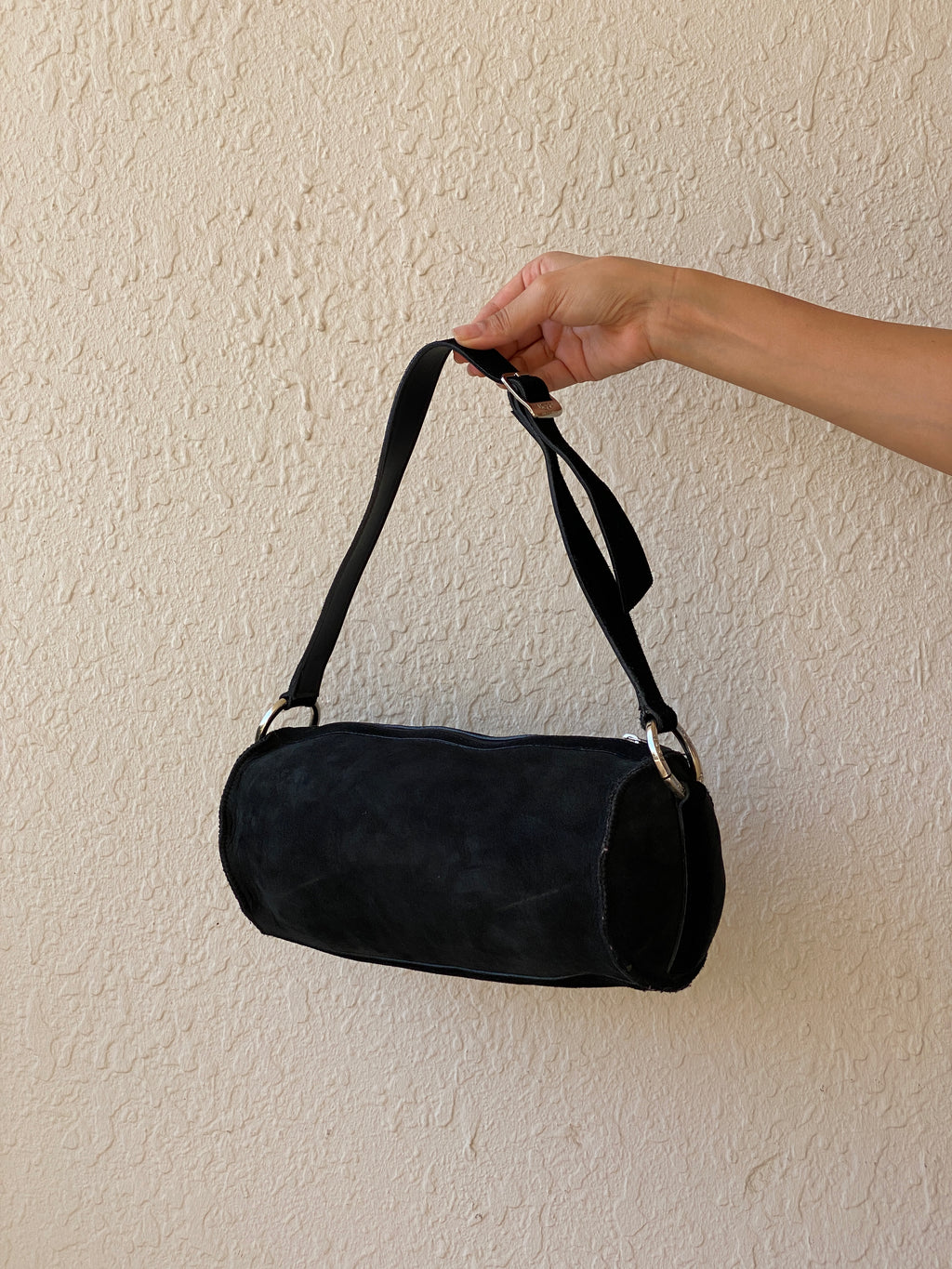 UGG Australia Black Suede Barrel Shoulder Bag Shearling Fur Lined Purse