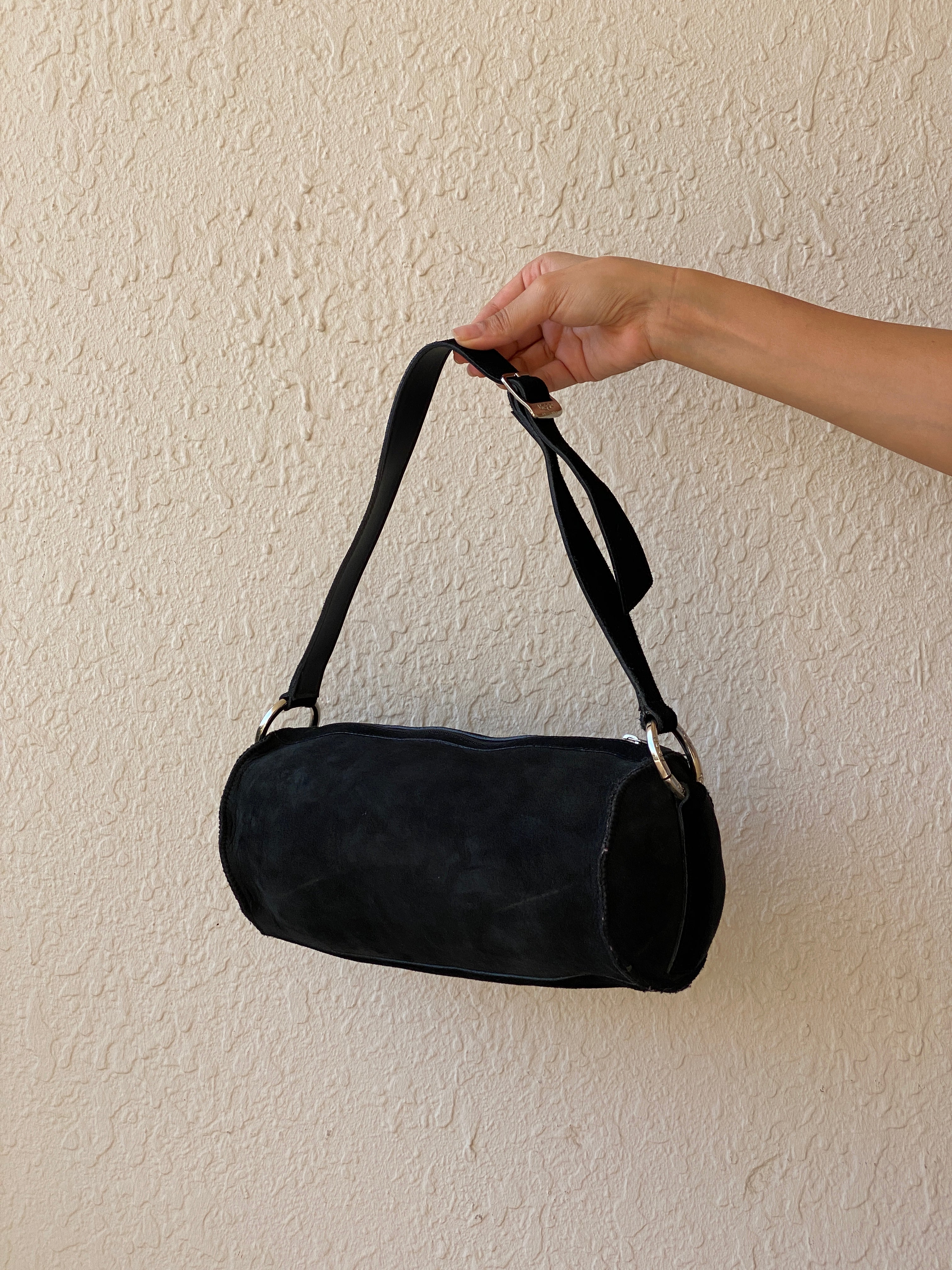 UGG Australia Black Suede Barrel Shoulder Bag Shearling Fur Lined Purse