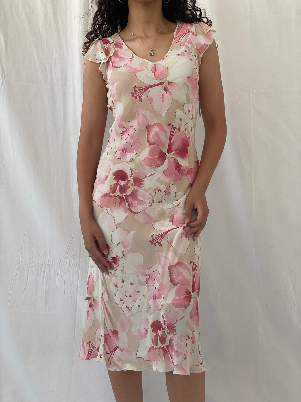 Dreamy Vintage Cõté Femme Pink Cream Floral Fairycore Midi Dress - S