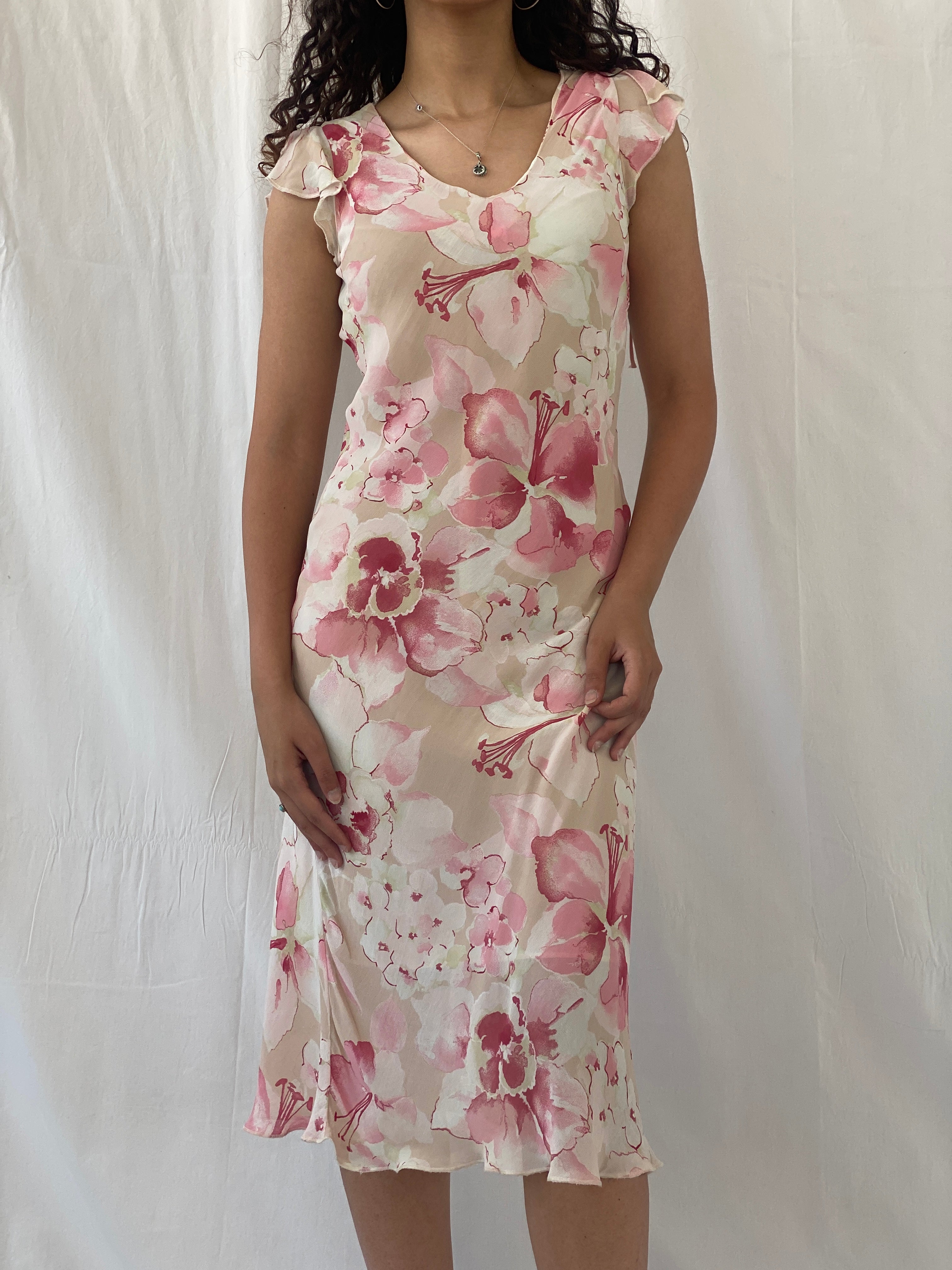 فستان متوسط ​​الطول من Dreamy Vintage Cõté Femme وردي كريمي مزهر Fairycore - مقاس صغير