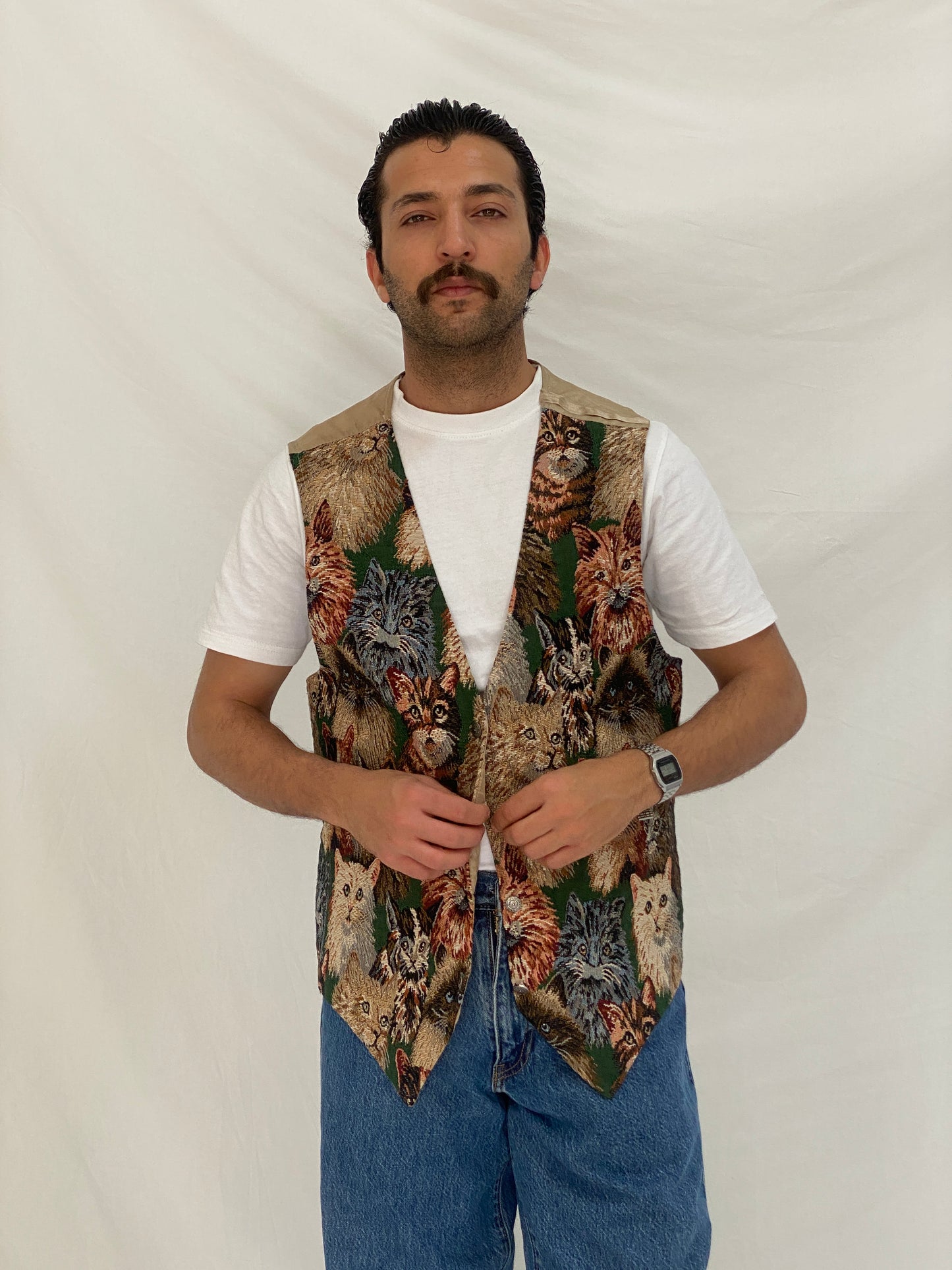 Vintage Partners II Cat Tapestry Cotton Blend Vest Novelty Animal Boho Waistcoat – L