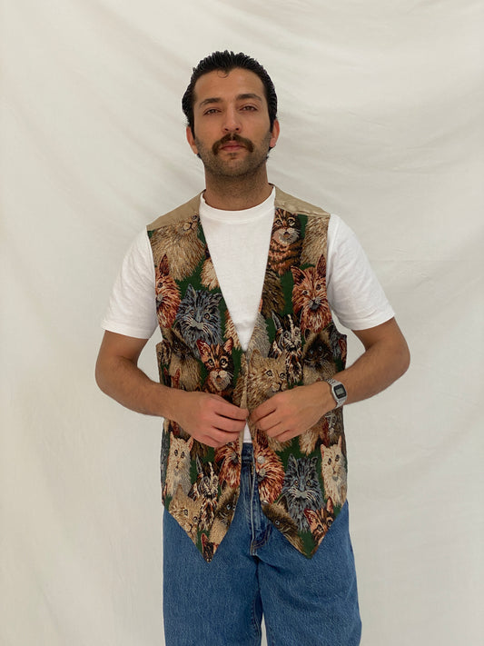 Vintage Partners II Cat Tapestry Cotton Blend Vest Novelty Animal Boho Waistcoat – L