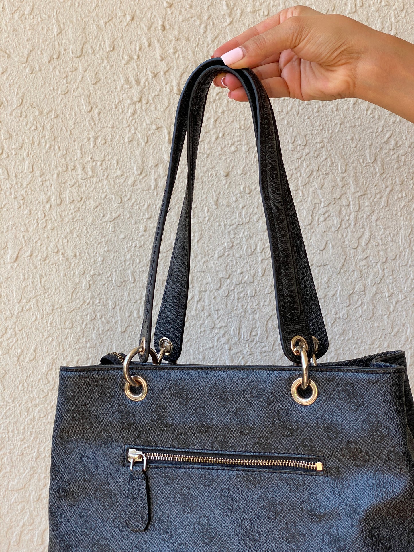Vintage Y2K GUESS Black Monogram Logo Structured Tote Shoulder Bag