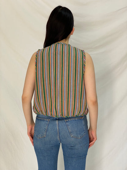 Vintage Esprit 100% Cotton Guatemalan Striped Vest Rainbow Boho Hippie Festival Open Front Waistcoat – M
