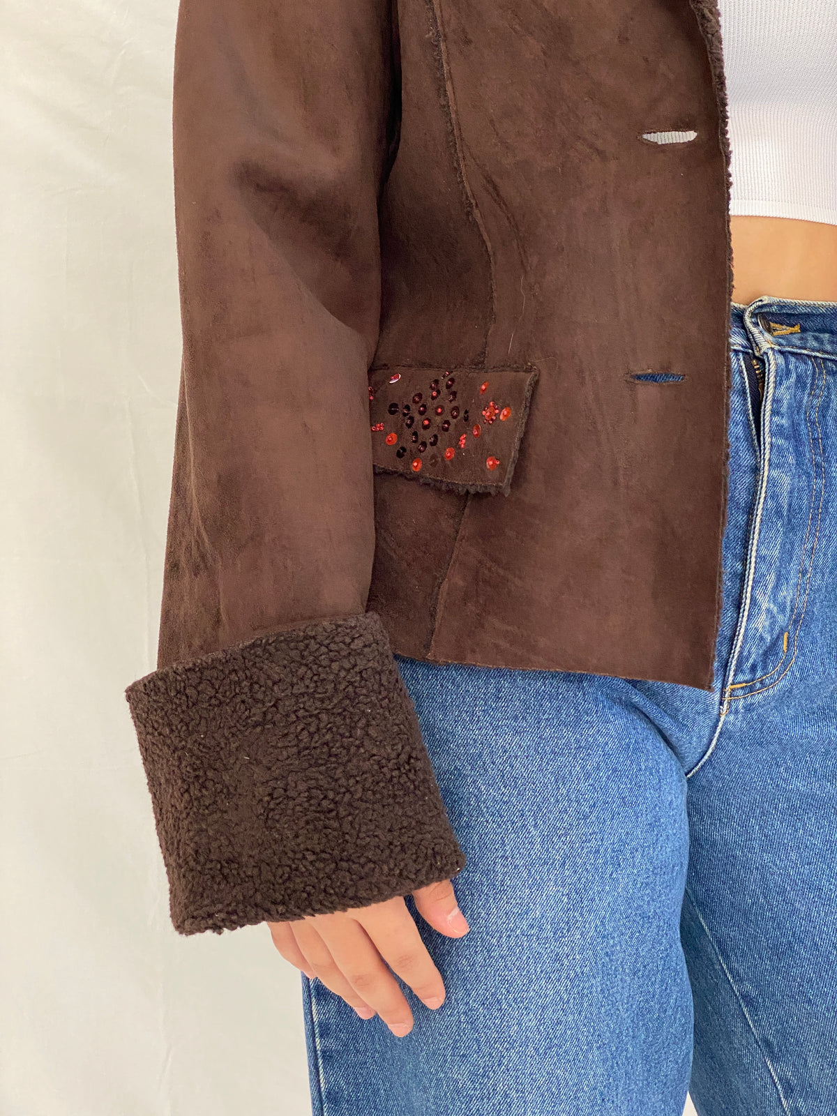Y2K Together Brown Faux Suede Teddy Trim Jacket - L Y2K Together Brown Faux Suede Teddy Trim Jacket - L