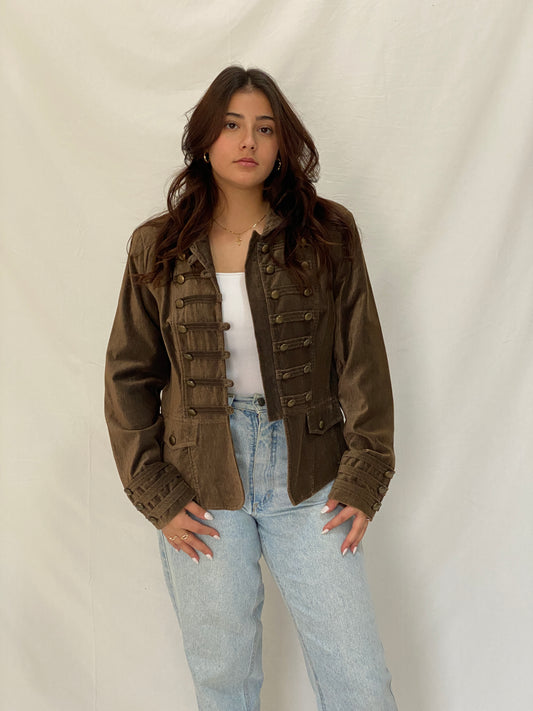 Vintage Véchy Brown Corduroy Military Blazer for Women Structured Button-Up Jacket - XL