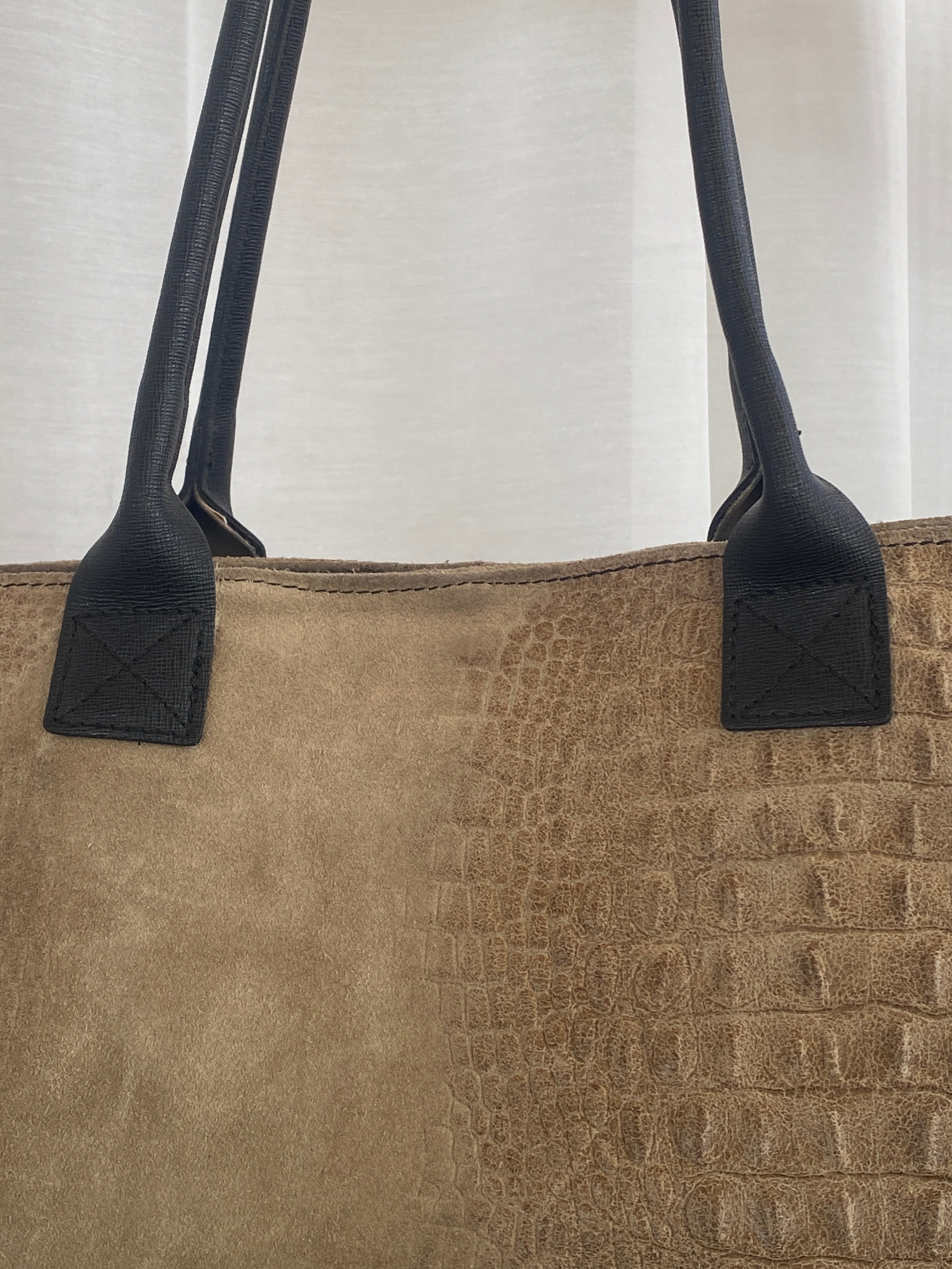 Vintage Genuine Italian Leather Croc Embossed Taupe Satchel Shoulder Bag