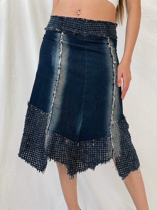 Vintage Denim Asymmetric Hem Midi Skirt - L