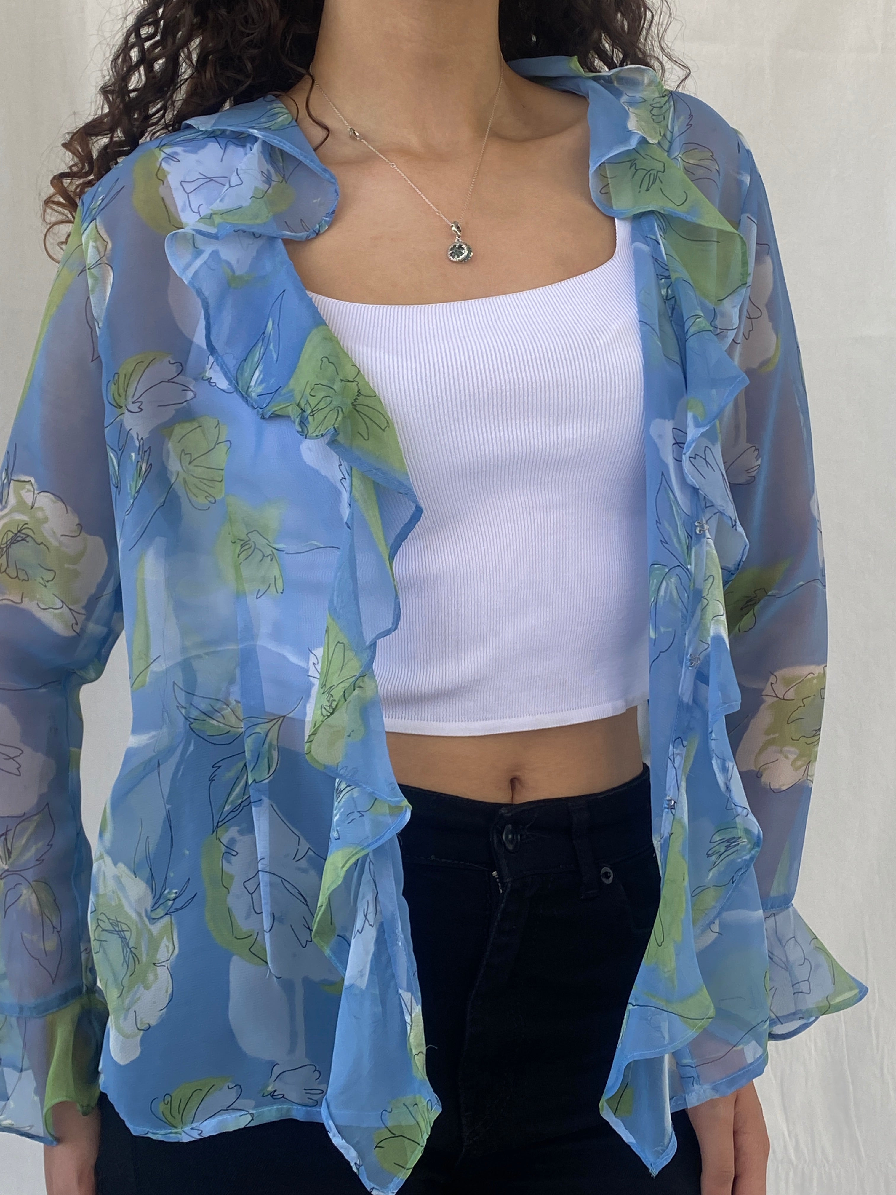 Vintage Penmaris Sheer Blue Floral Green Ruffled Trim Cardigan - M