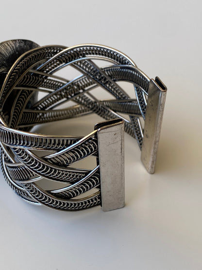 Vintage Tiger Eye Statement Cuff Bracelet Silver Tone Openwork Artisan Bangle