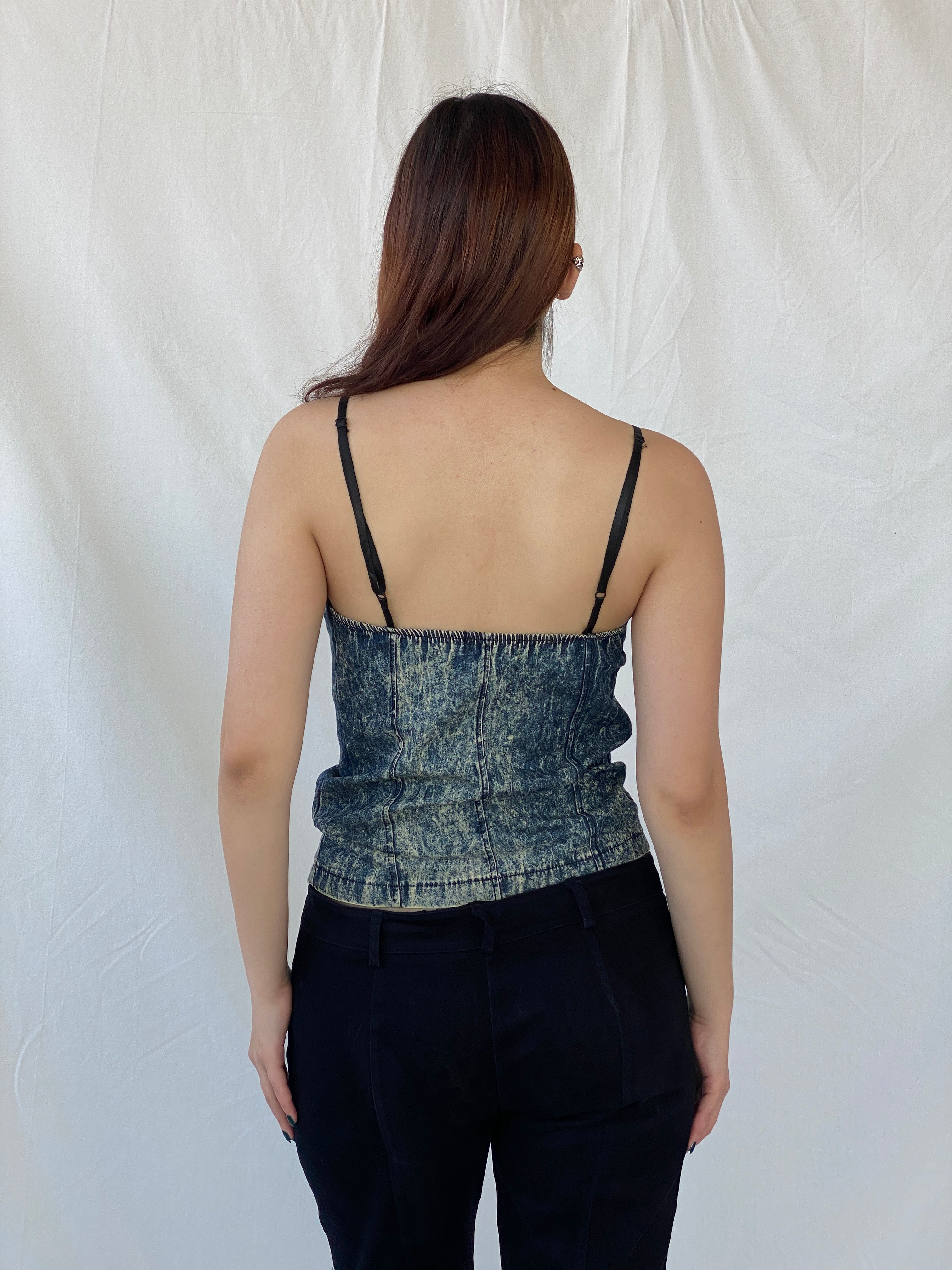 Vintage Wash Denim Blue Corset with Zipper and Adjustable Straps - M