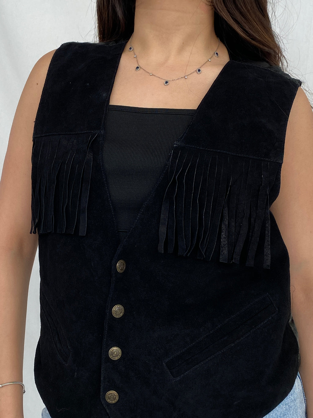 Vintage Copy Richt Concept Cowgirl Black Suede Fringed Women’s Boho Western Vest - M