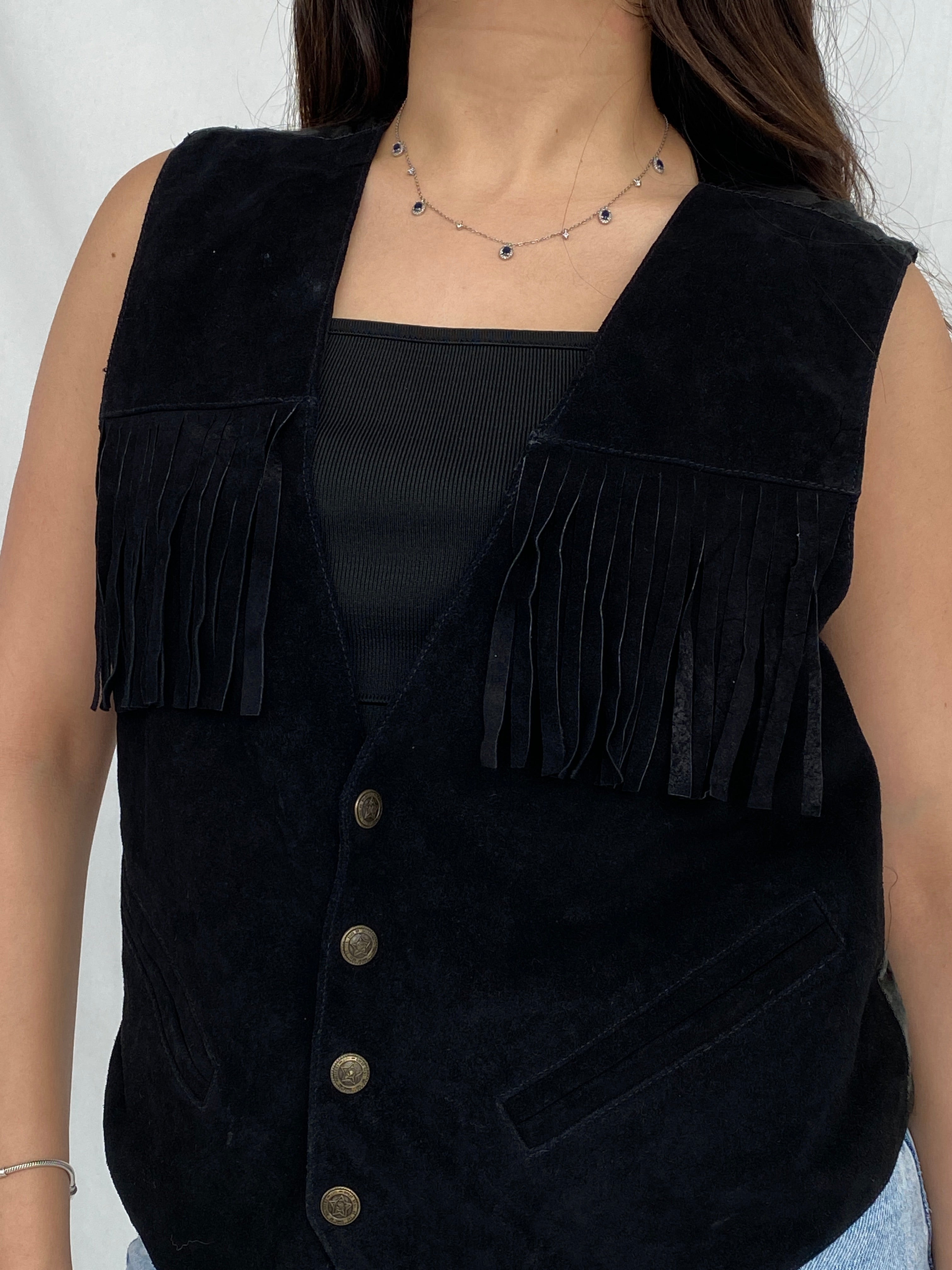 Vintage Copy Richt Concept Cowgirl Black Suede Fringed Women’s Boho Western Vest - M