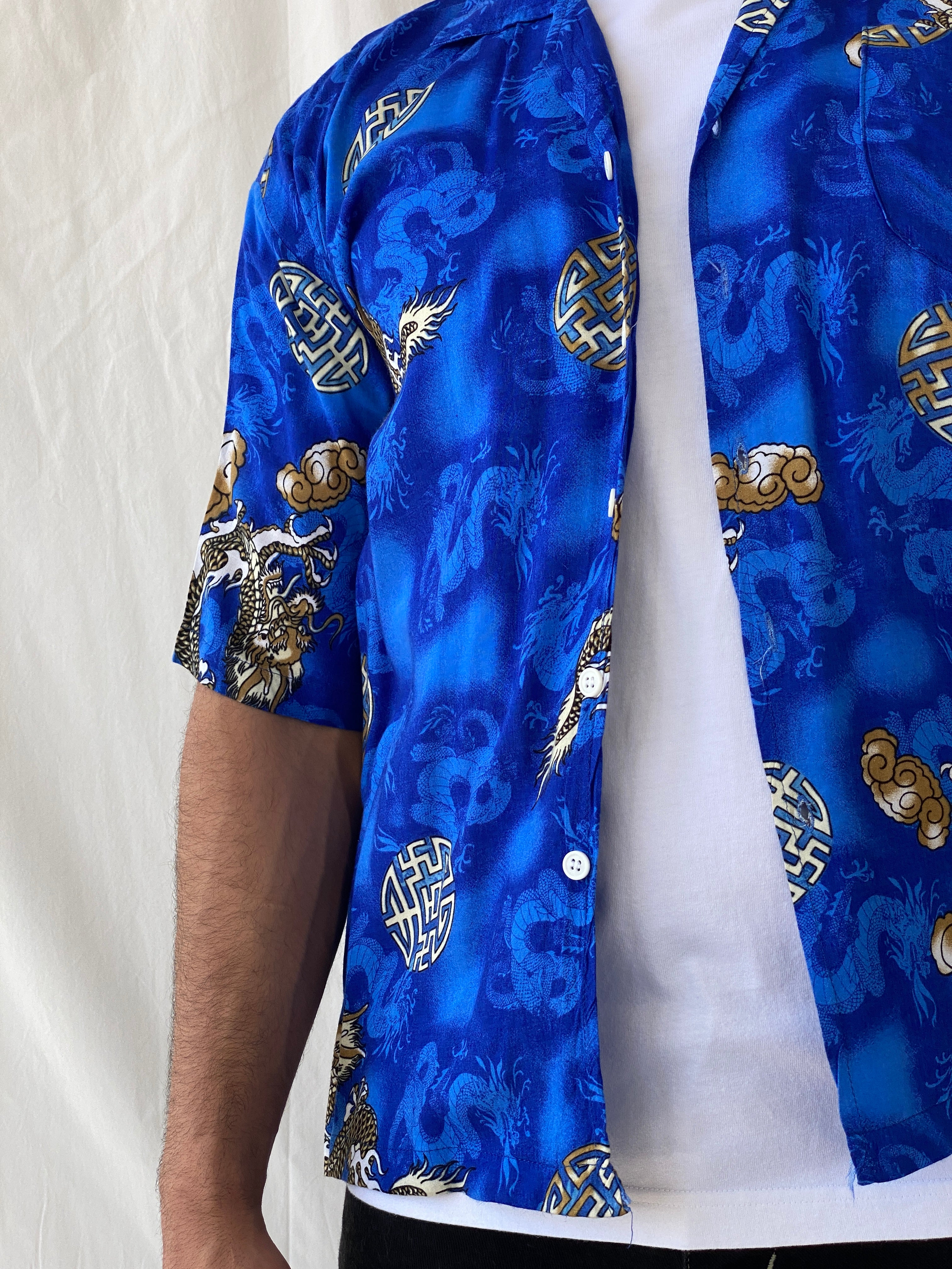 Vintage Y2K Dragon Print Short Sleeve Button Up Men’s Blue Shirt - L