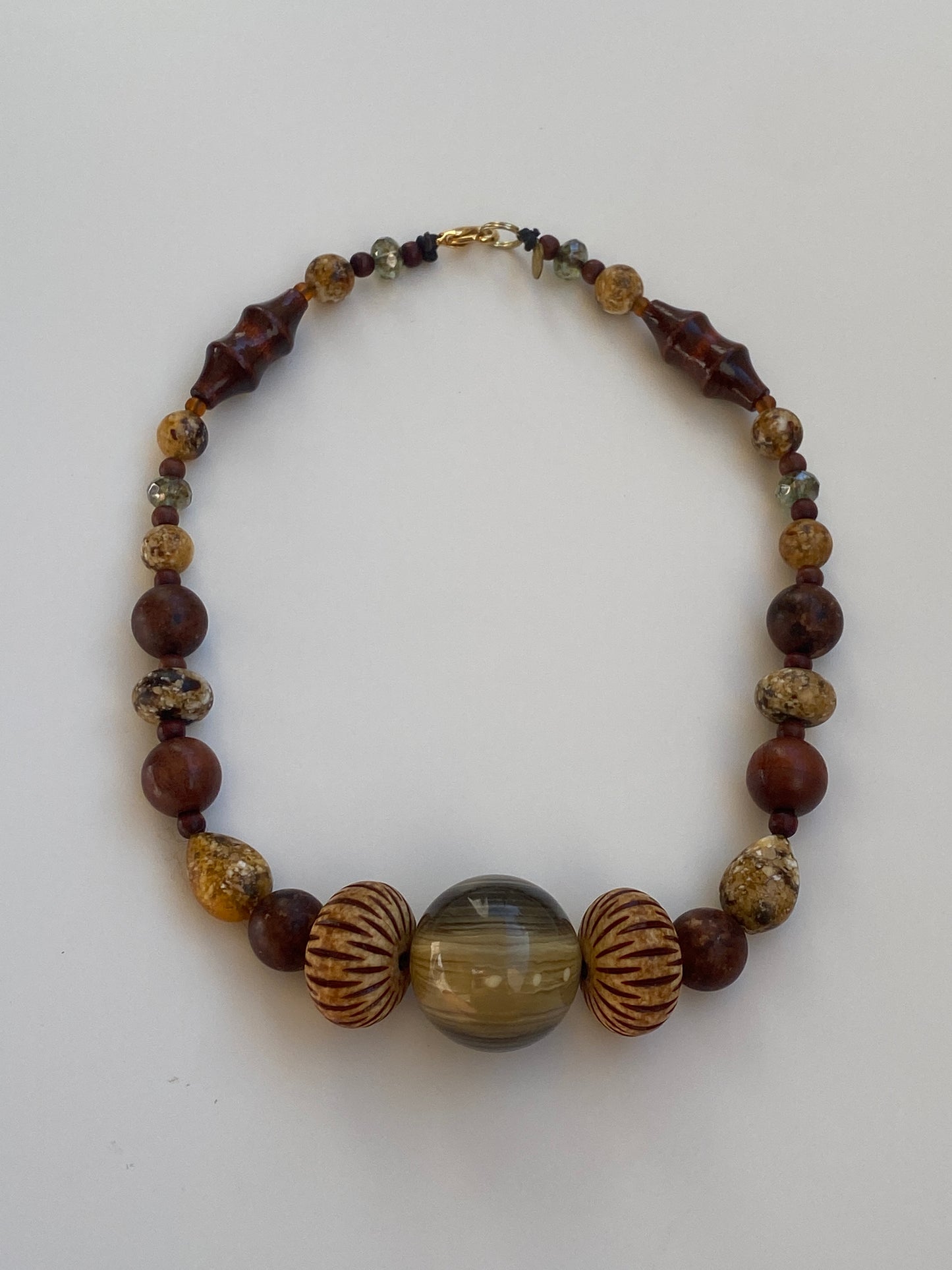Vintage Teresa Goodall Brown Wood Art Glass Chunky Beaded Necklace