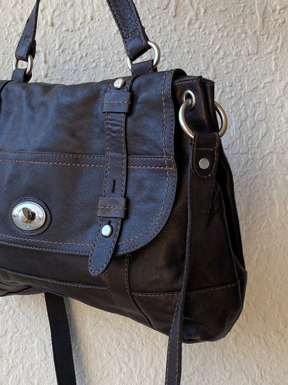 Vintage Y2K Fossil Long Live Vintage Black Distressed Leather Convertible Satchel Crossbody Bag