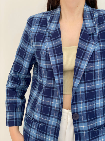 Vintage 90s Modern Essentials Blue Plaid Single-Breasted Blazer - M