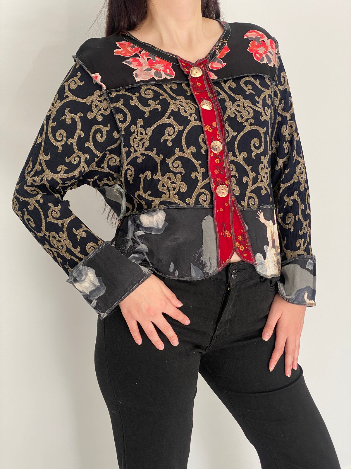 Vintage Nothing Matches Black Mixed Print Patchwork Cardigan – M