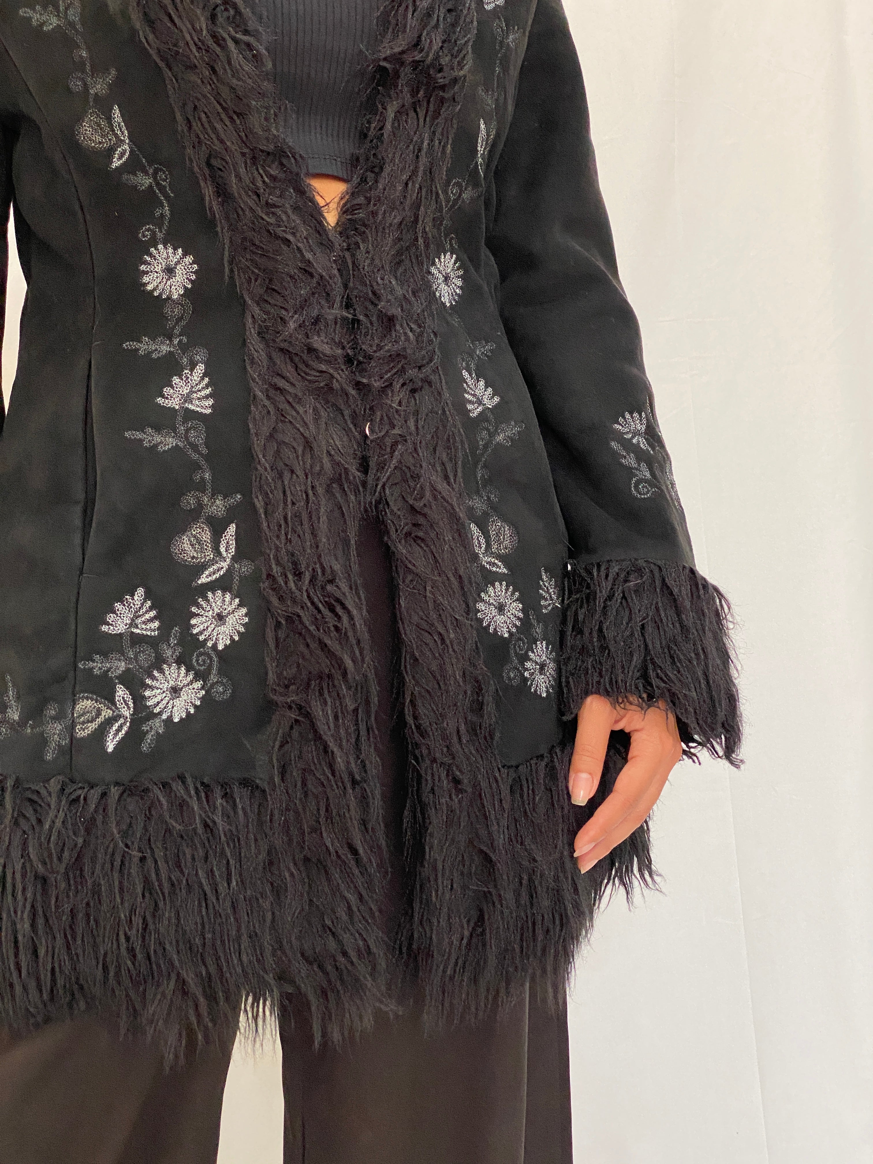 Vintage NEXT Black Embroidered Faux Suede Penny Lane Coat Y2K Boho Shaggy Trim Jacket - M
