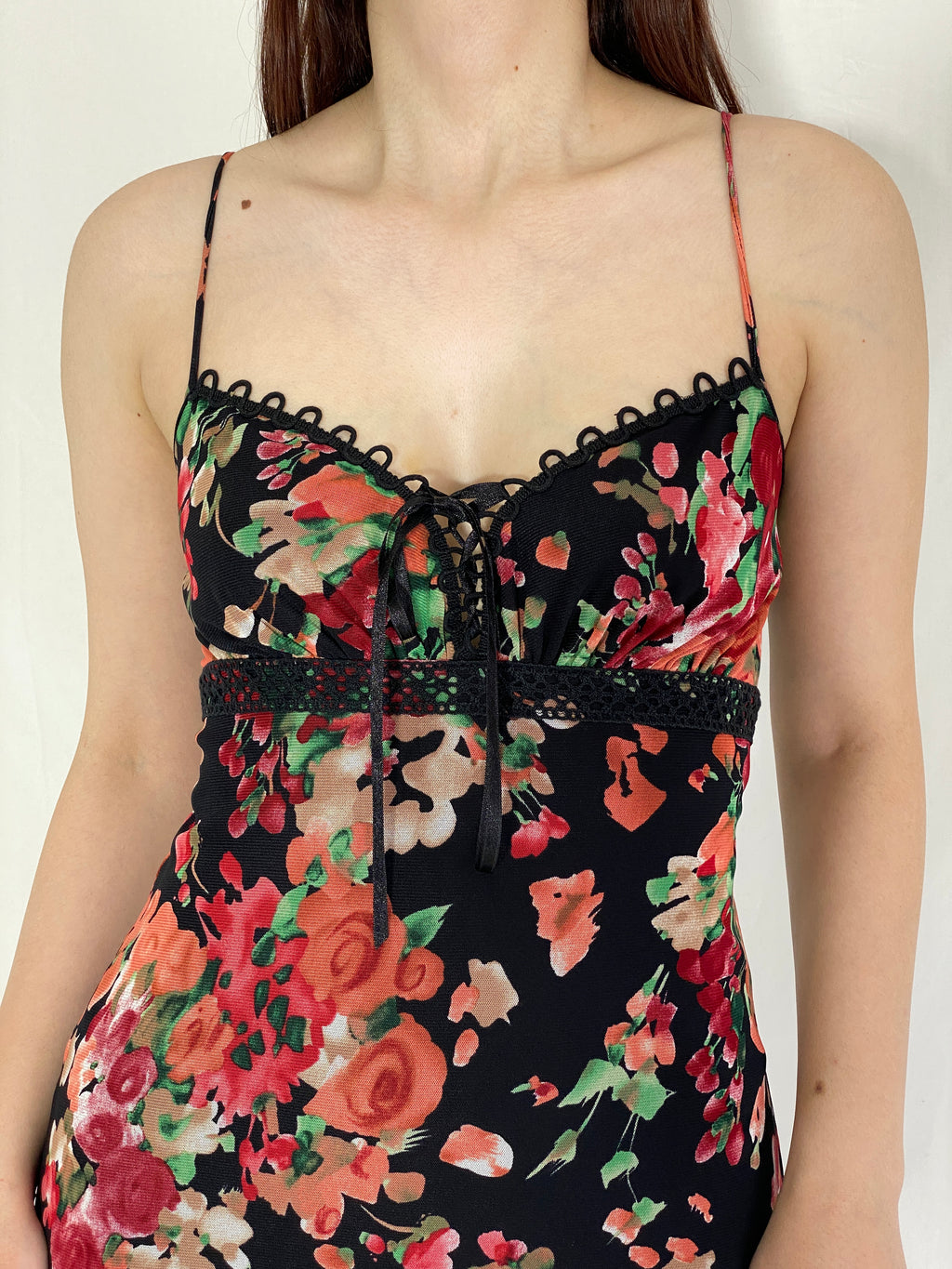 Y2K Floral Print Lace Trim Mini Dress Black with Red & Green Roses - S