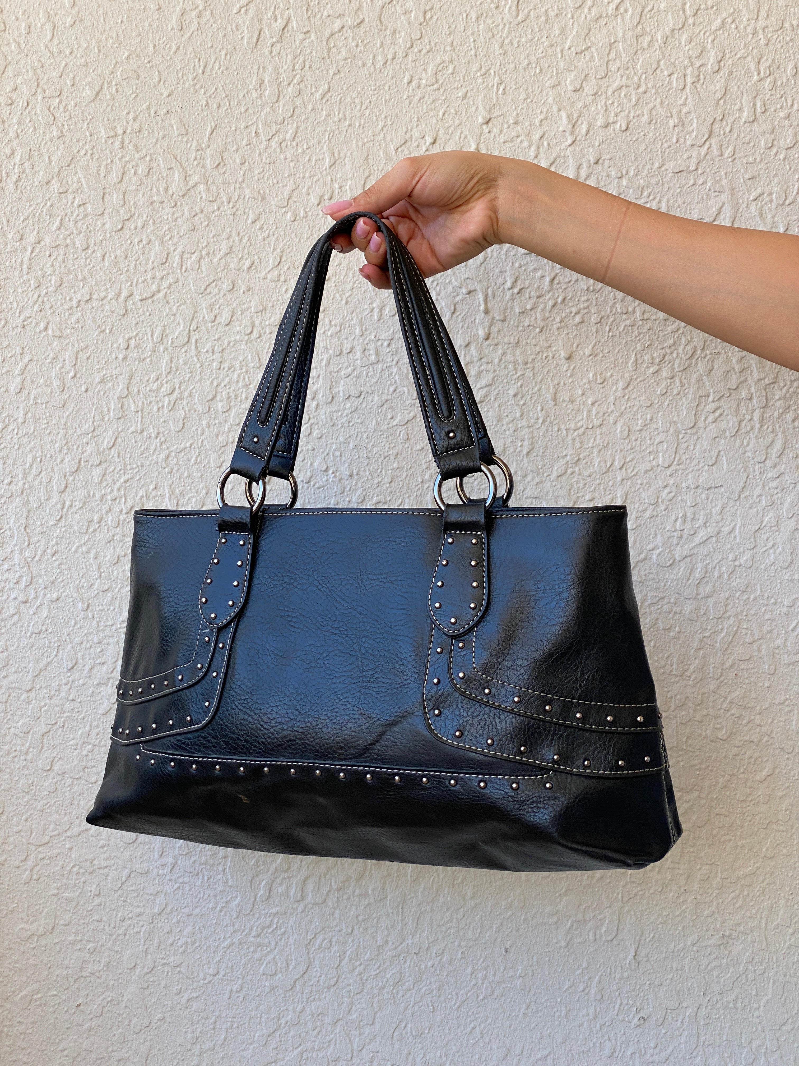 Nine West Faux Leather Studded Black Satchel Purse Women’s Shoulder Bag