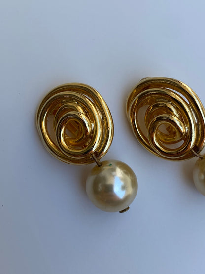 Vintage N.J. Norma Jean Gold-Tone Faux Pearl Clip-On Drop Earrings
