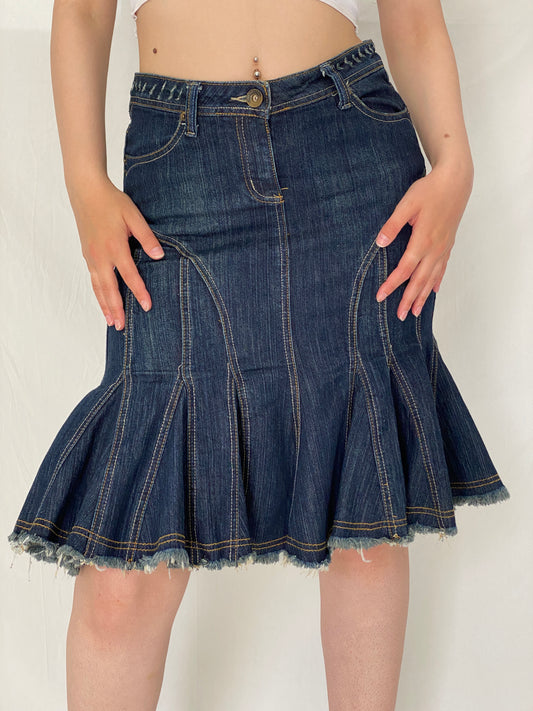 Y2K Jennyfer Dark Wash Ruffle Hem Denim Low Rise Flared Midi Skirt – S