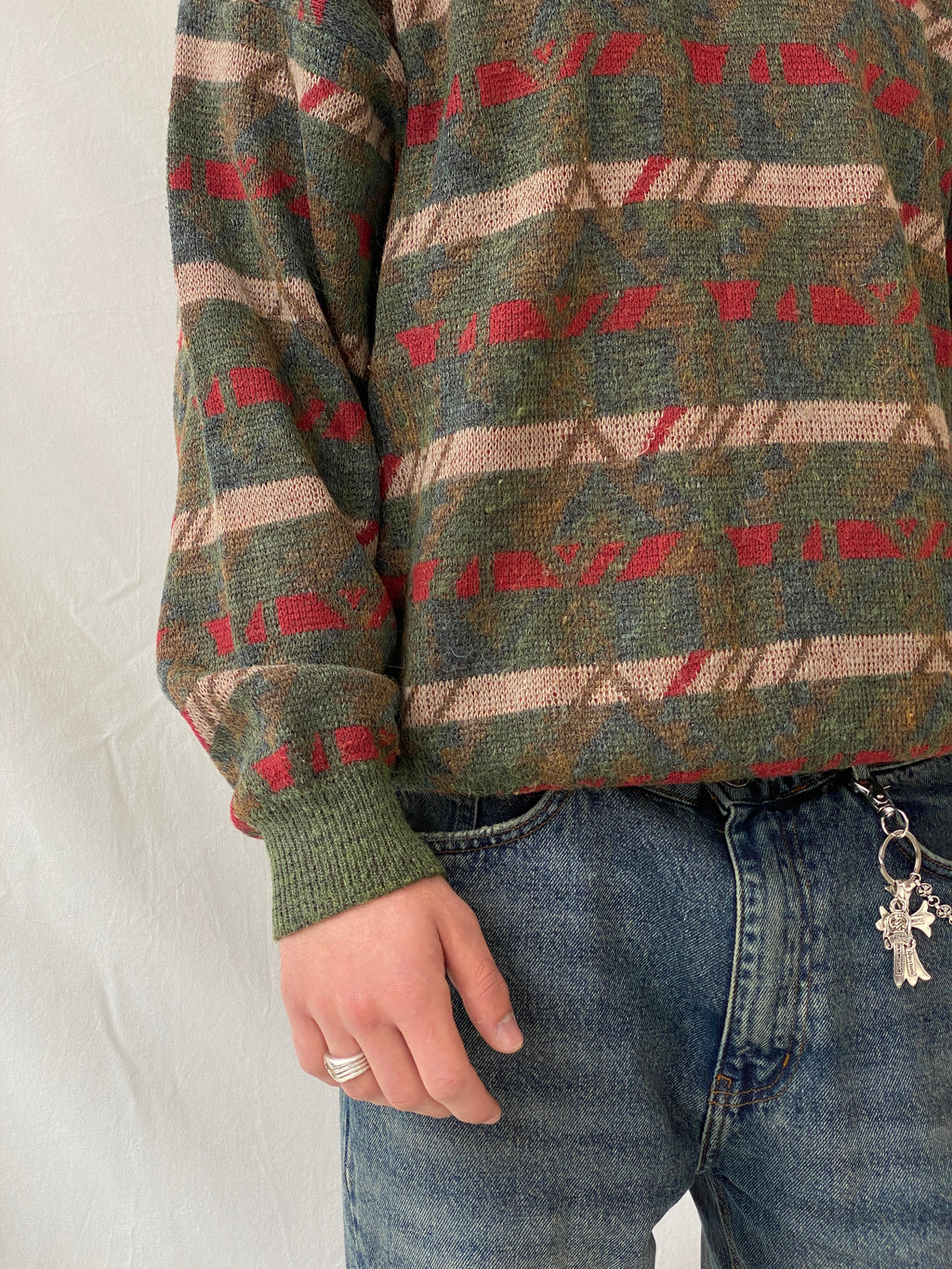 Vintage Charly Mach Men’s Green Jumper Striped Knitted Crew Neck Sweater - L