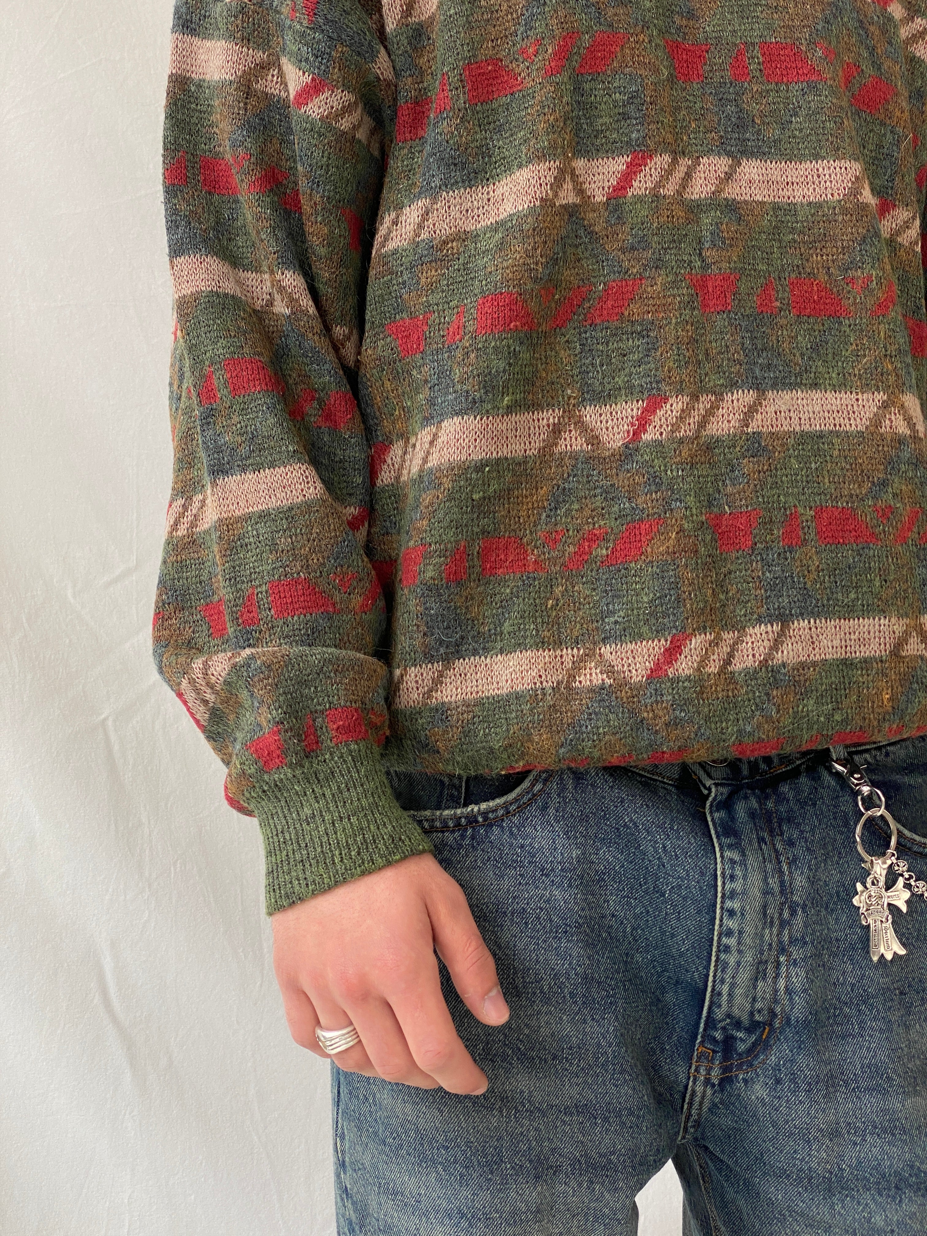 Vintage Charly Mach Men’s Green Jumper Striped Knitted Crew Neck Sweater - L