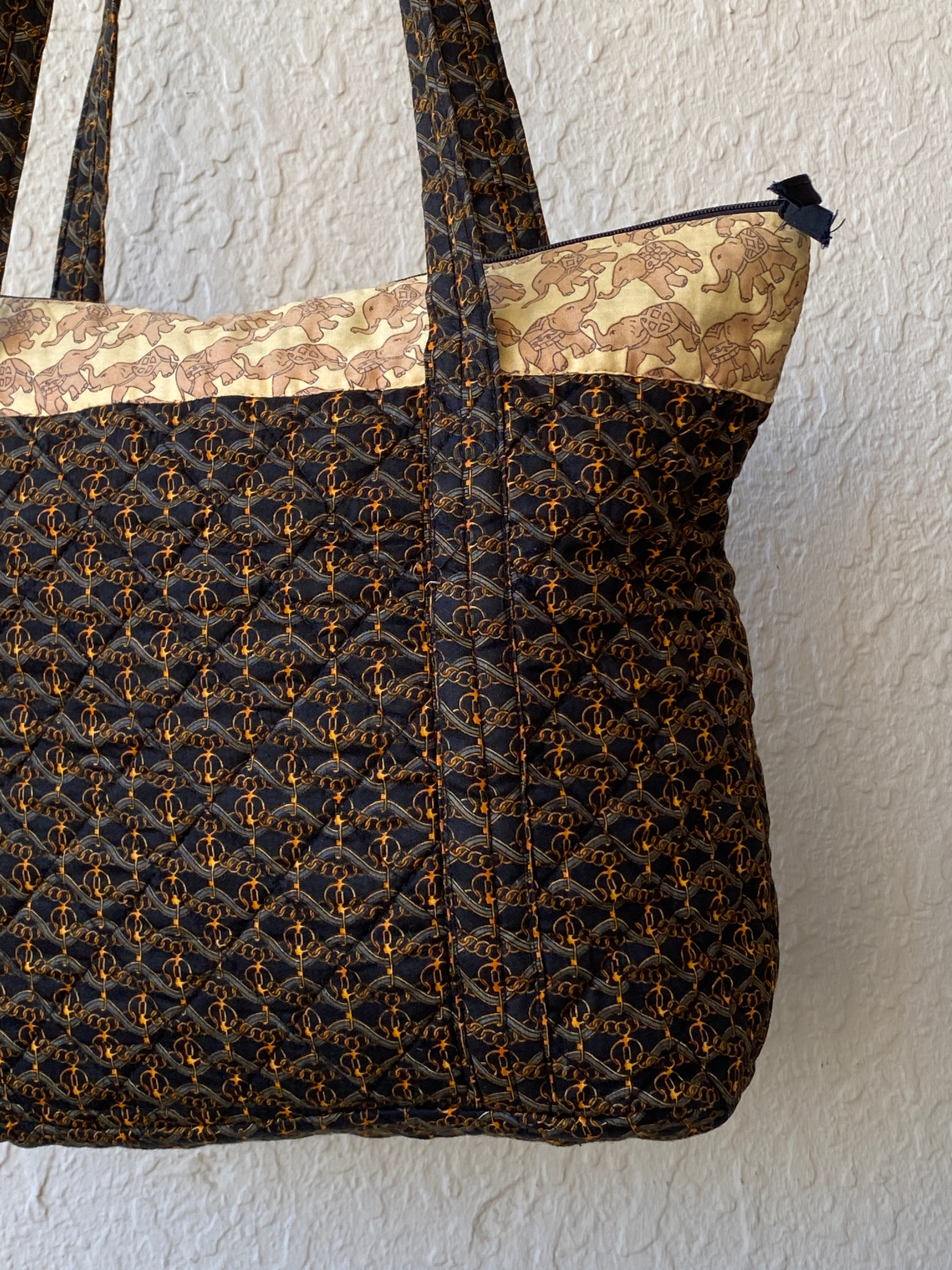 Vera Bradley Quilted Elephant Print Tote Bag Brown Shoulder Travel Bag