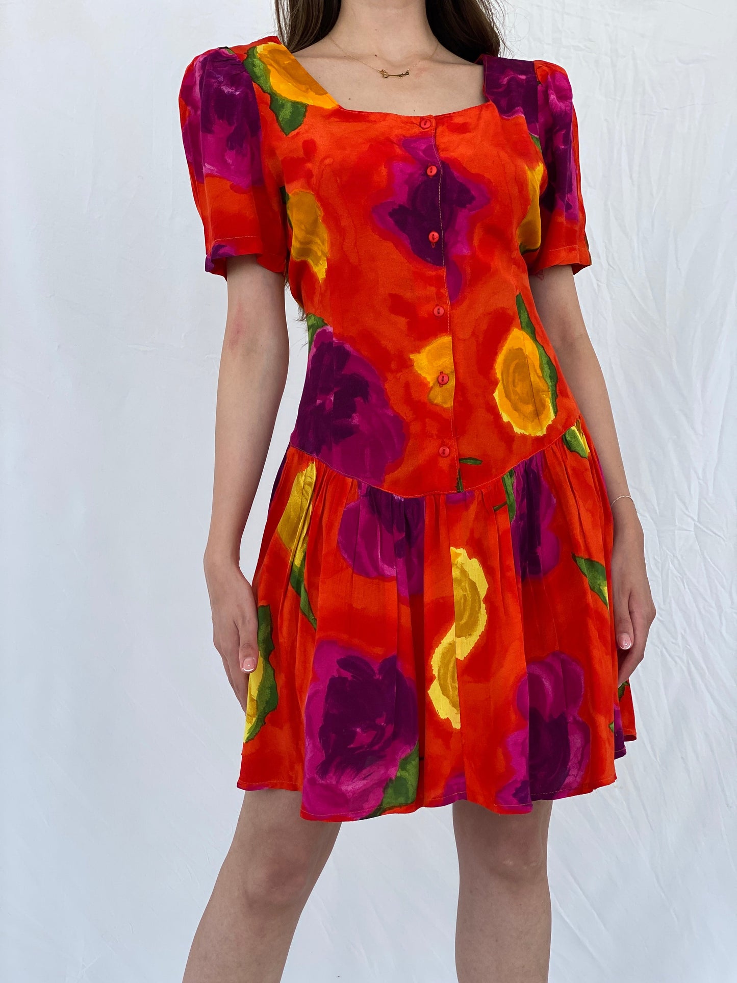 Vintage 80s La Li T Orange Floral Midi Dress - L