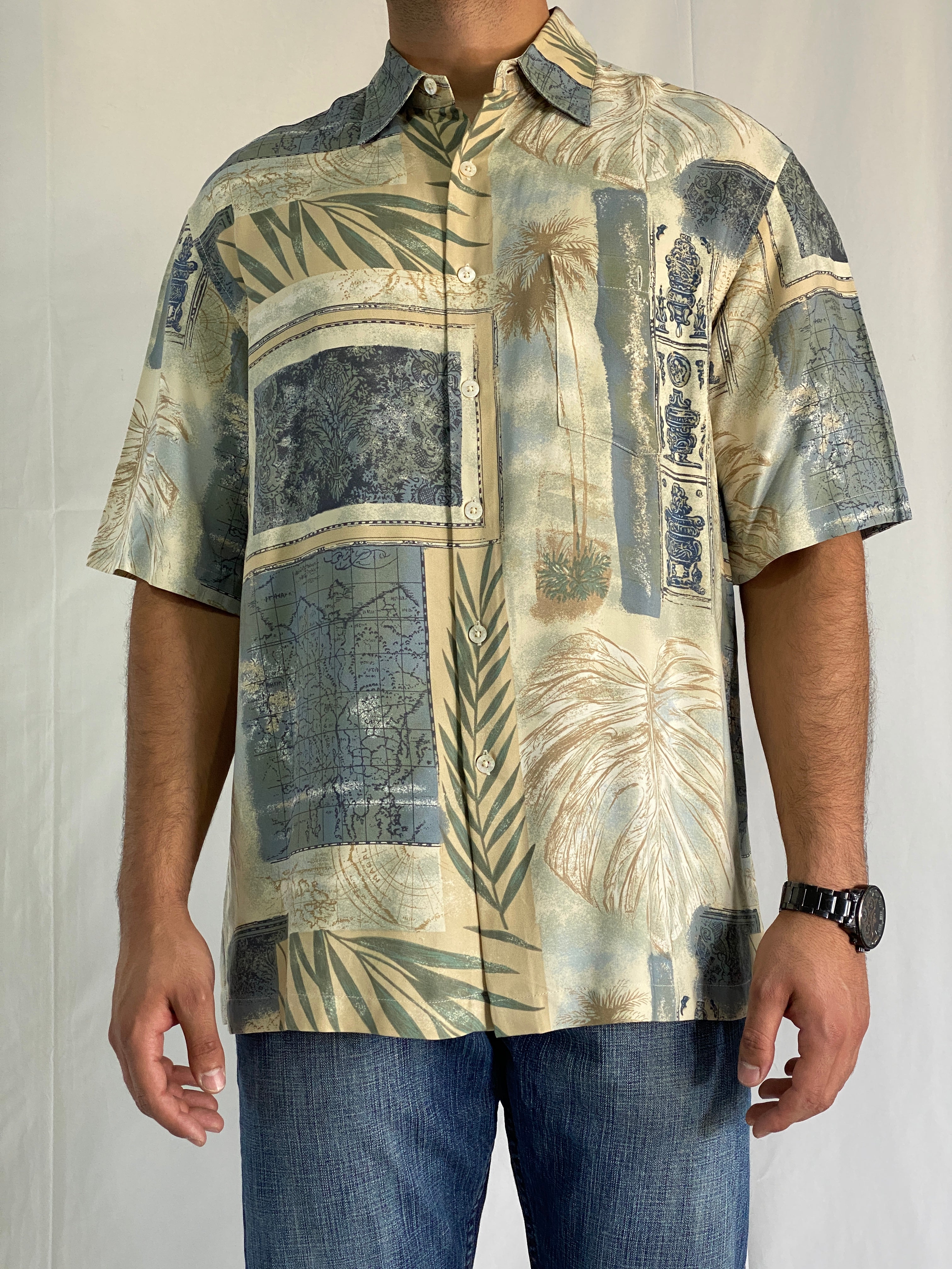 Vintage Tori Richard Silk Hawaiian Palm & Map Print Men’s Shirt - L