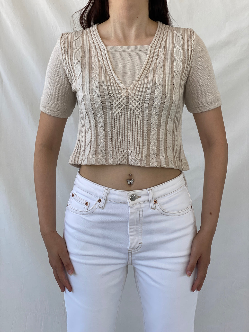 Casual Everyday Beige Knitted Short Sleeve Crop Top - M