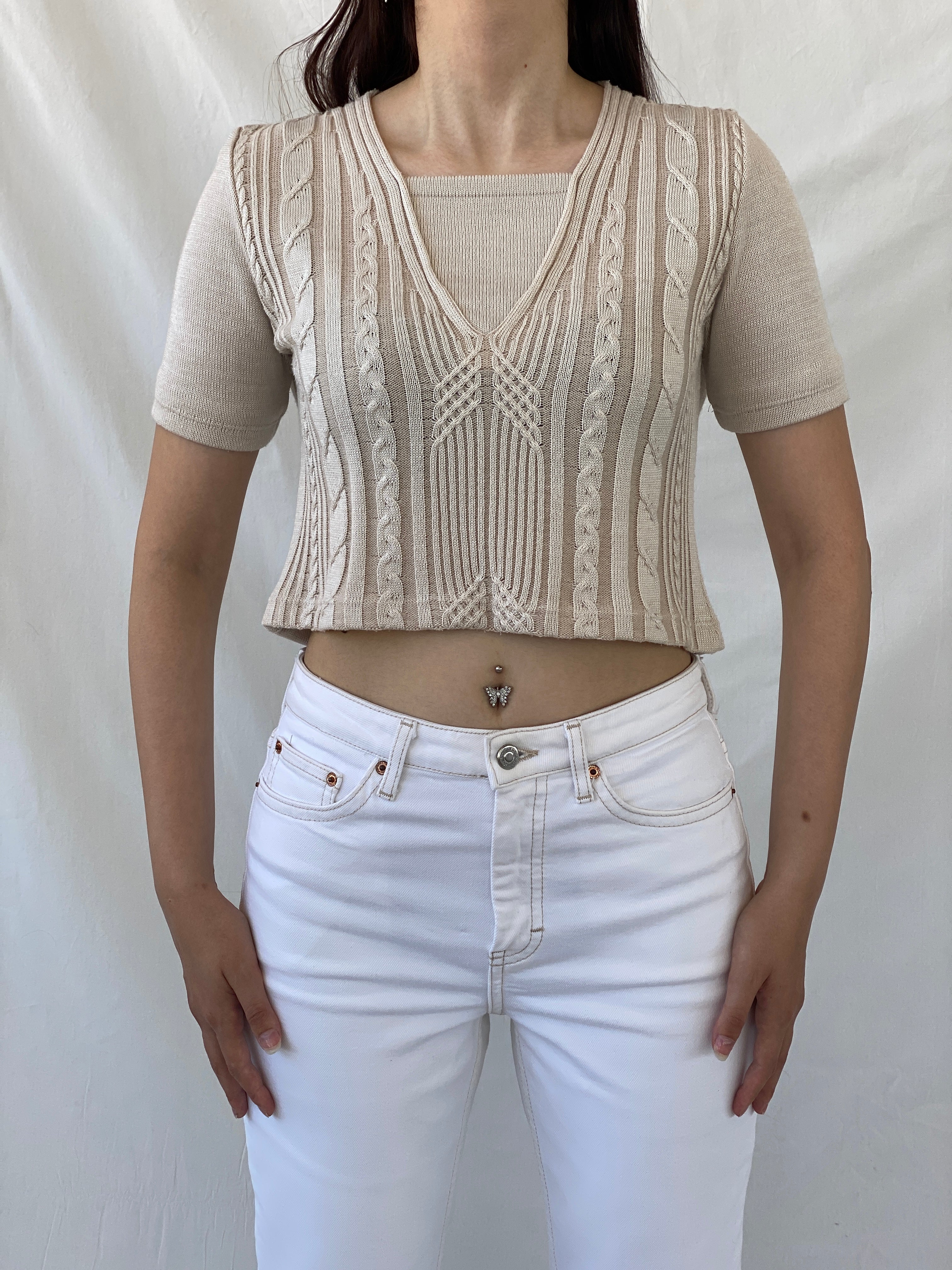 Casual Everyday Beige Knitted Short Sleeve Crop Top - M