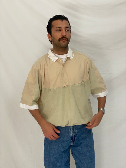 90s Beige Ribbed Elastic Waist Polo Top Minimalist Color Block Shirt – L