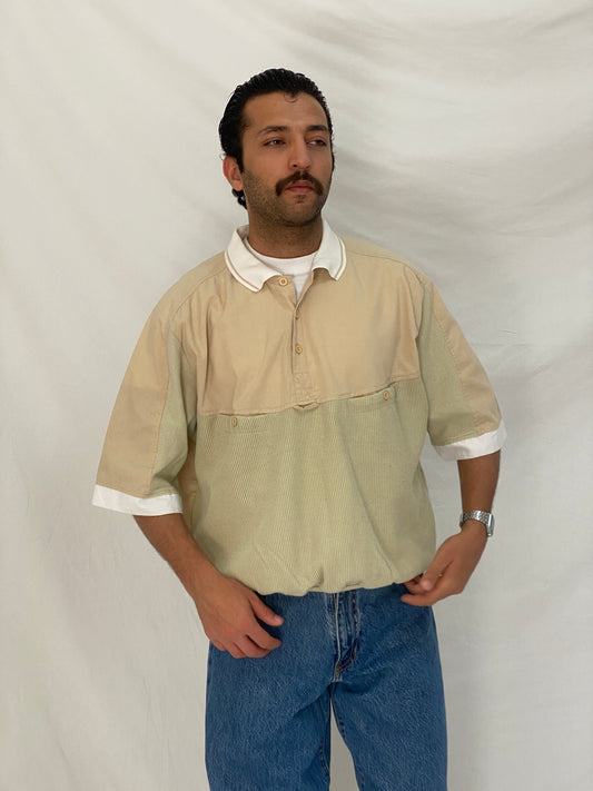90s Beige Ribbed Elastic Waist Polo Top Minimalist Color Block Shirt – L
