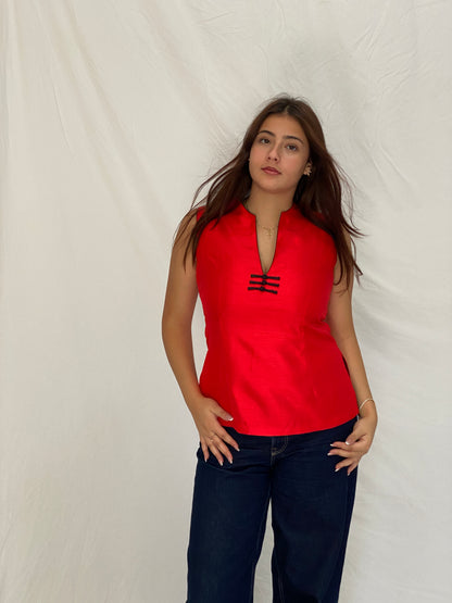 Vintage Handmade Japanese-Inspired Red Shantung Sleeveless Top – L