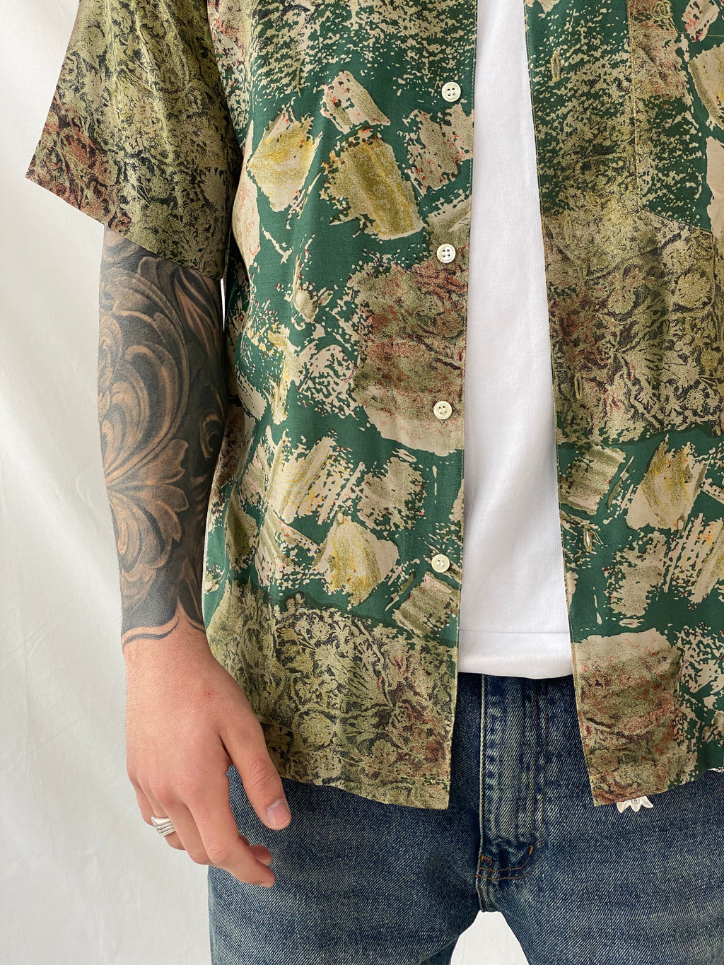 Vintage 90s Oleg Cassini Green Half Sleeve Men‘s Shirt - M