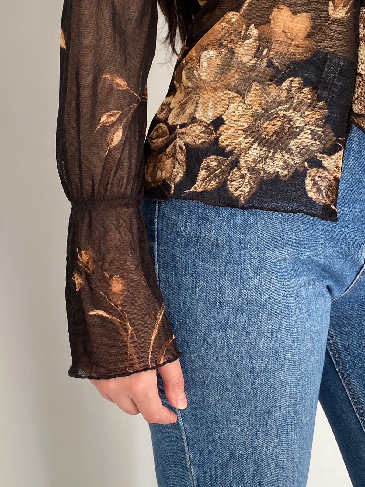Vintage Y2K Surrender Women Black & Brown Floral Sheer Mesh Ruffle Blouse - M
